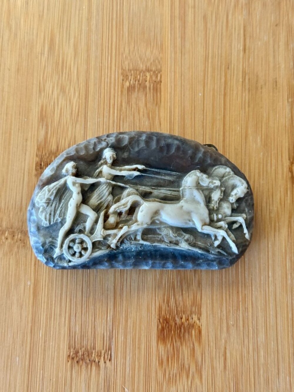 Vintage 1960s Carved Resin Belt Buckle Of A Man And Woman In A Chariot / Mid Cen
